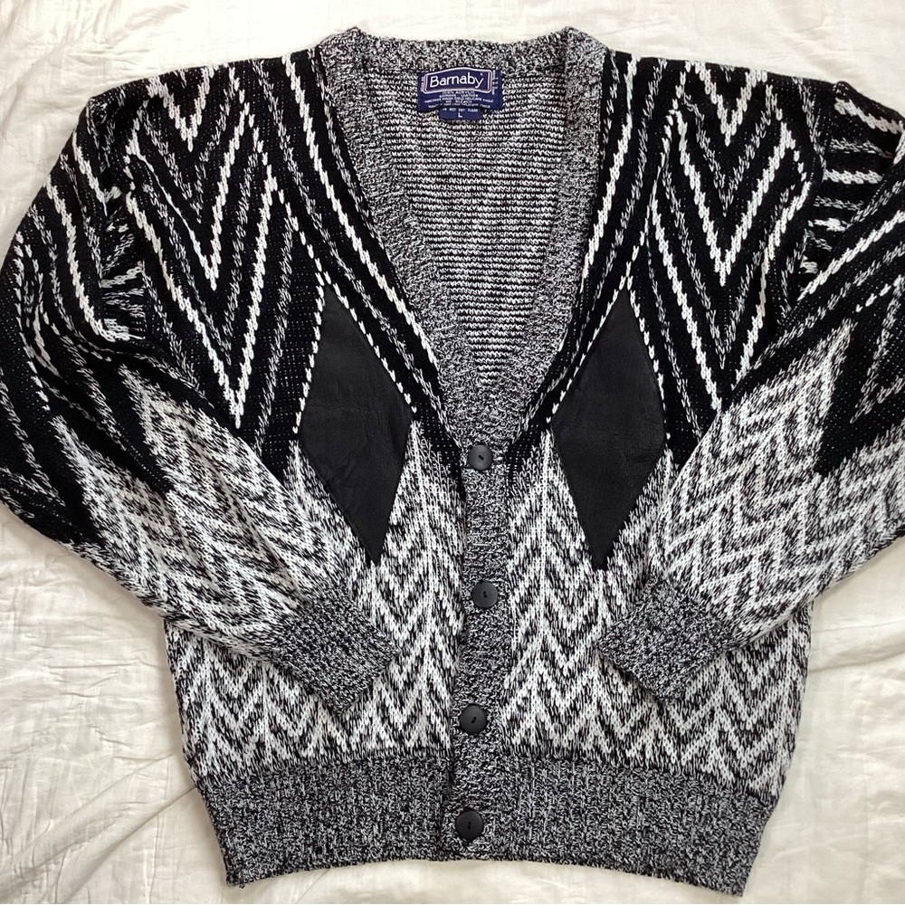 Vtg Men’s Barnaby Knit Cardigan Cosby Sweater Zigzag Leather Accents Large